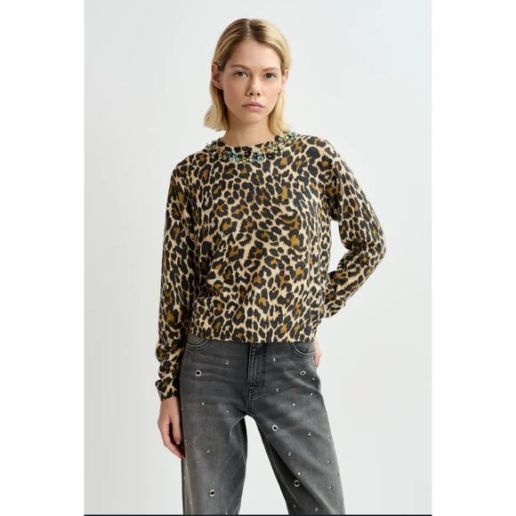 Essential Antwerp Wool Cashmere Leopard Beaded Neckline Sweater S - Picture 12 of 12